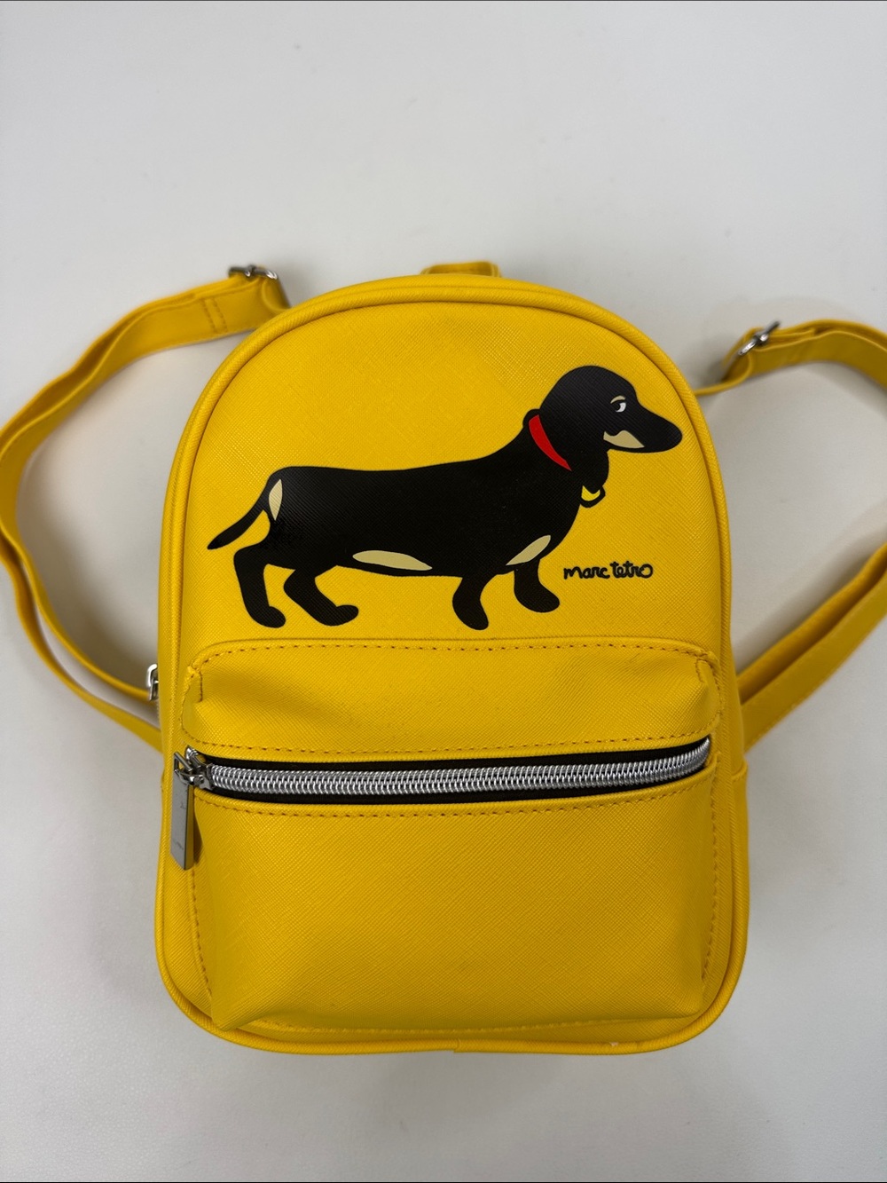 Marc Tetro Bright Yellow Dachshund Mini Backpack Silver Zip Adjustable Lined